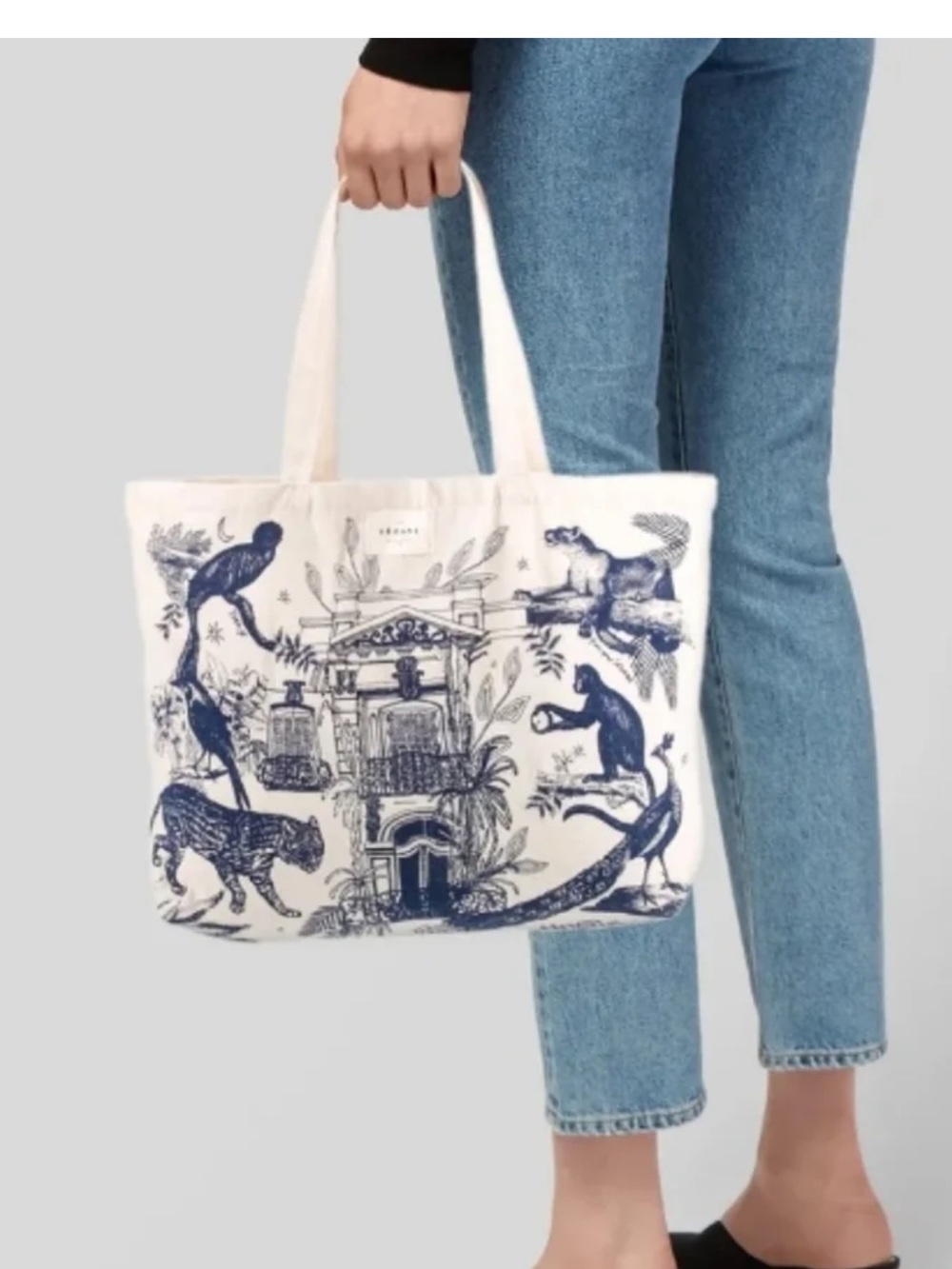 Sezane Cream Canvas Tote with Navy Animal & Botanical Print